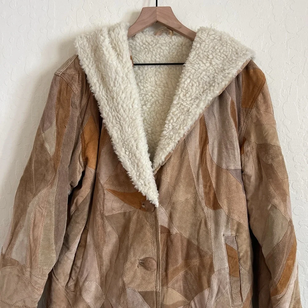 Vintage Suede Leather Patchwork Faux Fur Fleece Lined Hooded Jacket Small Y2K